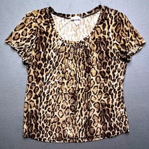 Casual Land Women Leopard Print Stretch Top S Animal Pattern Ruched‎ Scoop Neck